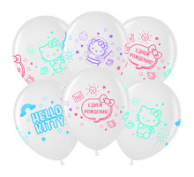 Шар с рисунком (12''/30 см) Hello Kitty, С Днем Рождения!, Белый /Прозрачный, кристалл